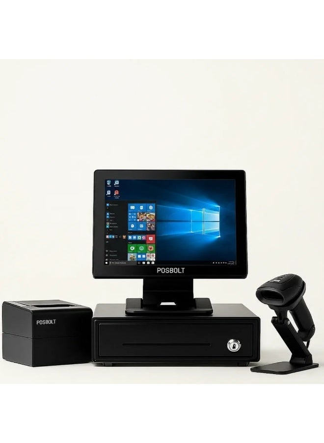 بوسبورت نظام نقاط بيع متكامل الكل في واحد POSBOLT i5 بذاكرة 4 جيجابايت وقرص صلب SSD بسعة 128 جيجابايت، شاشة لمس 15 بوصة مع طابعة نقاط بيع ودرج نقود وماسح ضوئي للباركود. - Image 1